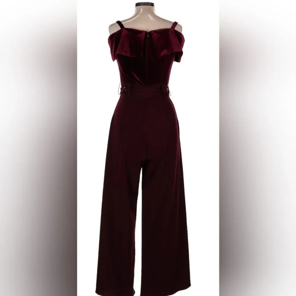 Addison Evenings Burgundy Velvet Open Leg Jumpsuit Size 10 - Picture 2 of 7